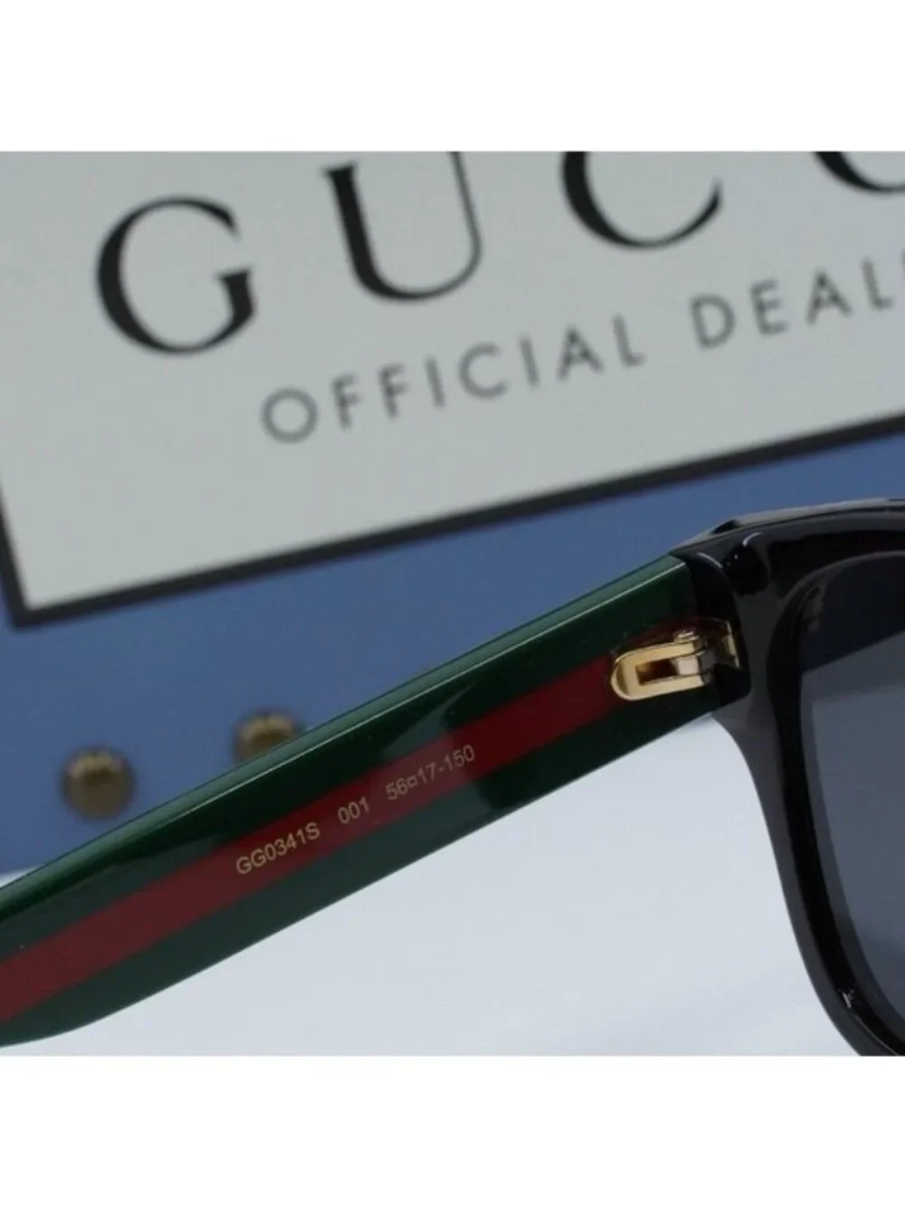 Gucci GG0341S 001 Square Sunglasses - Black and Green with Red Stripe\Grey
